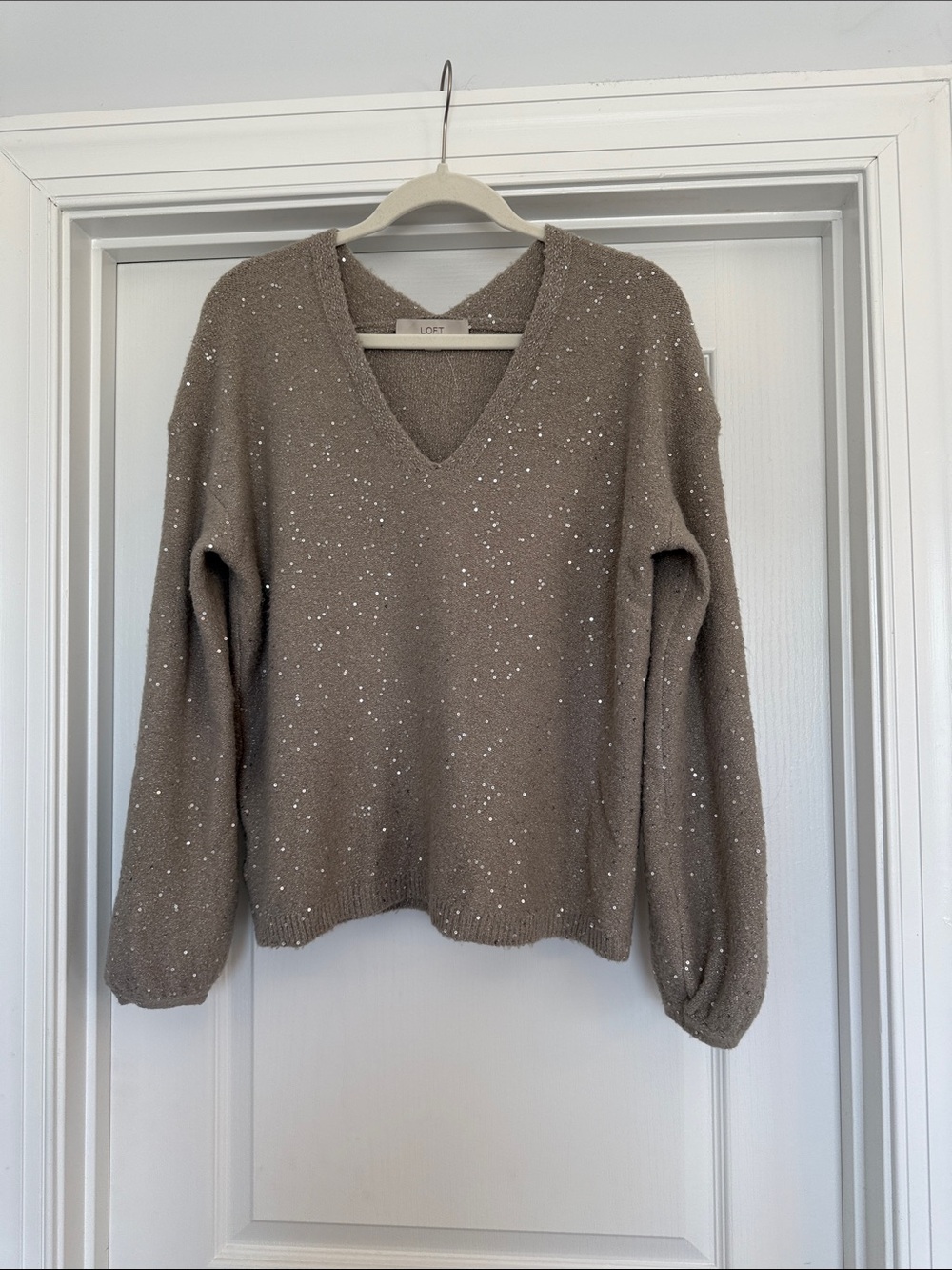 LOFT Taupe Sequin-Embellished V-Neck Sweater